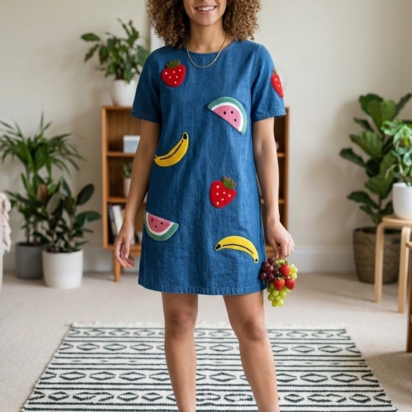 Lazy Oaf Dresses & Skirts - Lezy Oaf Denim Dress With Fruit Paches